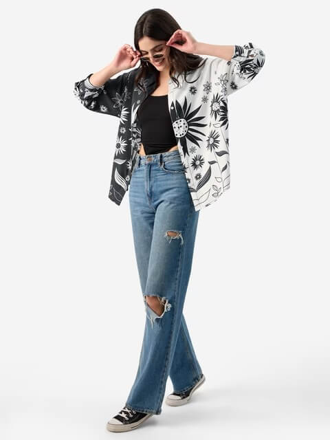 Monochrome Sunflower Split - Panel Oversized Long Sleeve Shirt Legacy Boutiques Legacy Boutiques