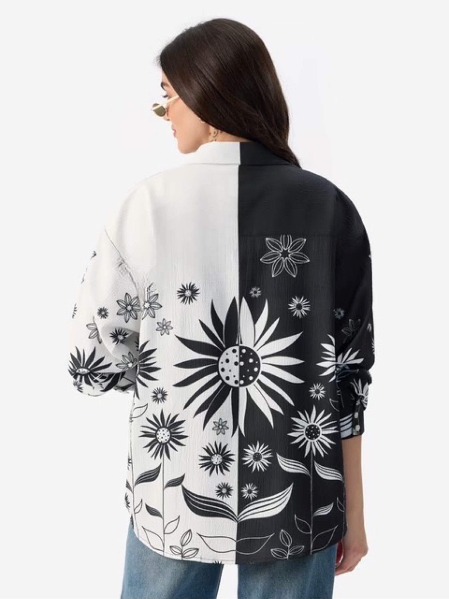 Monochrome Sunflower Split - Panel Oversized Long Sleeve Shirt Legacy Boutiques Legacy Boutiques