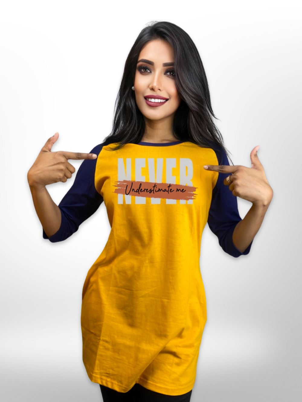 Never Underestimate Me Printed Raglan Sleeve Side Pocket Long T-shirt For Women&