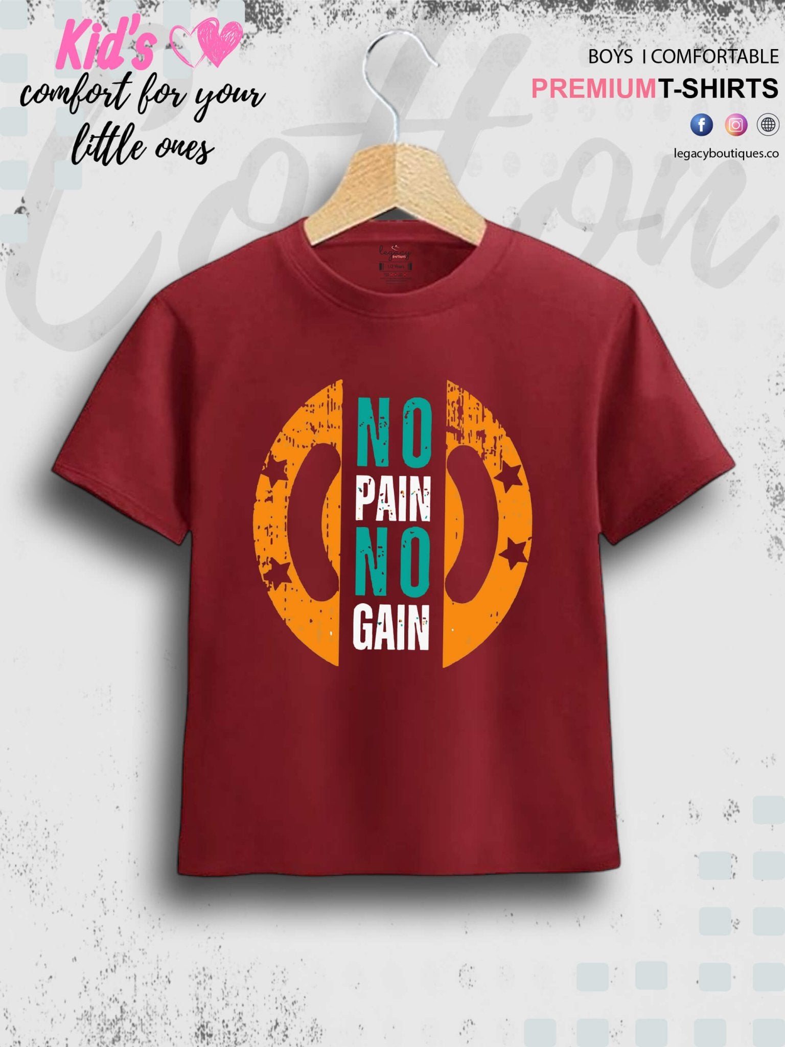 No Pain No Gain Printed Casual 1 To 11 Years Kids Boy Islamic T-Shirt In Lowest Price Only In Dhaka Legacy Boutiques Legacy Boutiques