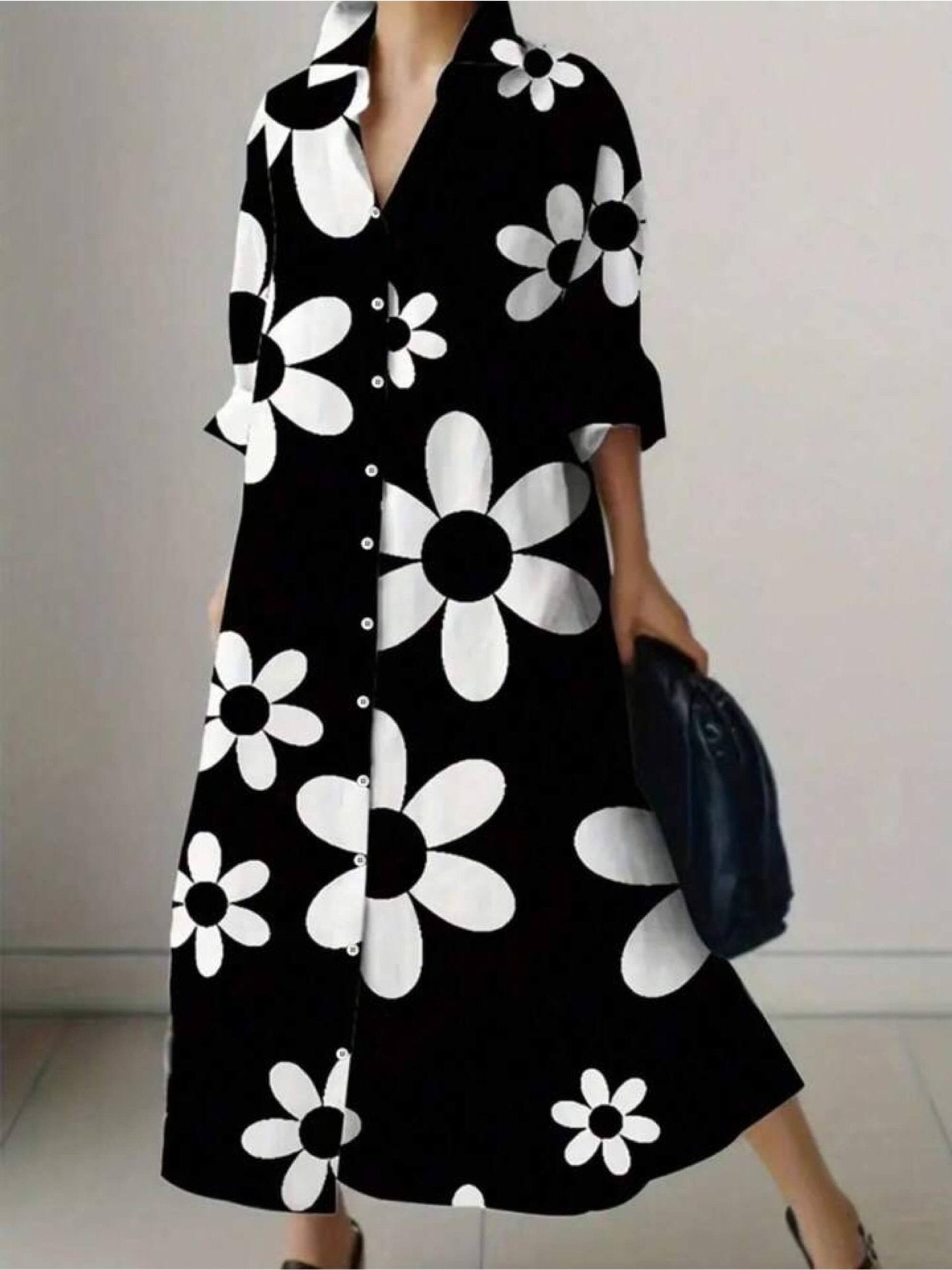 Noir Daisy Monochrome Maxi Shirt Dress - Bold Floral Print Button - Down Legacy Boutiques Legacy Boutiques