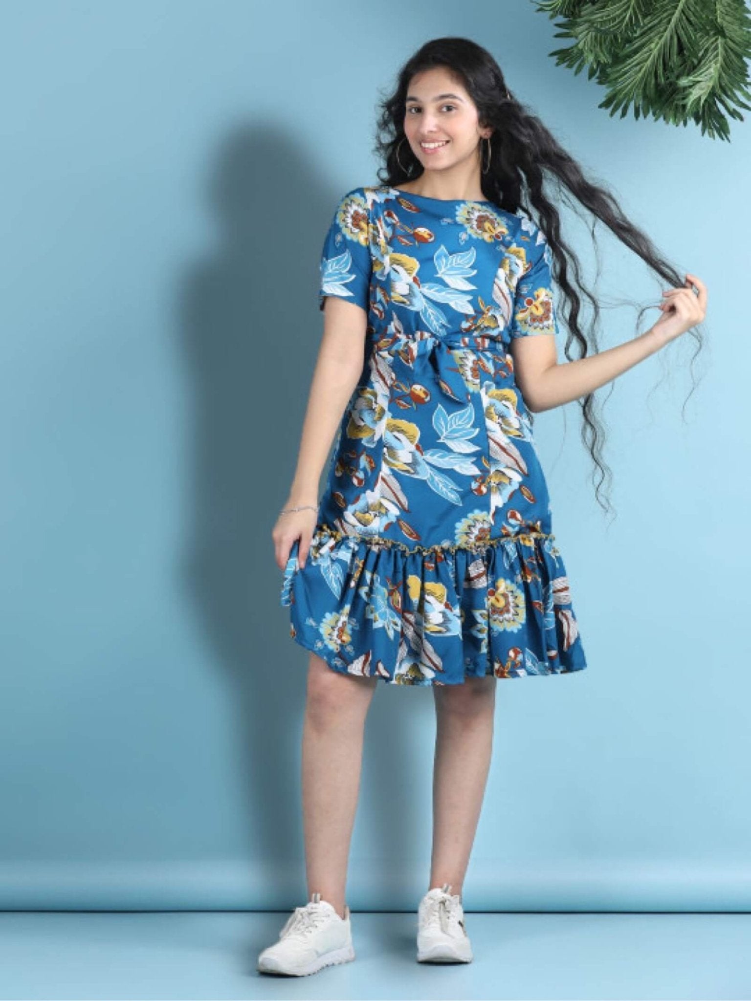 Ocean Flora Girls Teal Skater Dress - Short Sleeve Floral Print with Sash Legacy Boutiques Legacy Boutiques