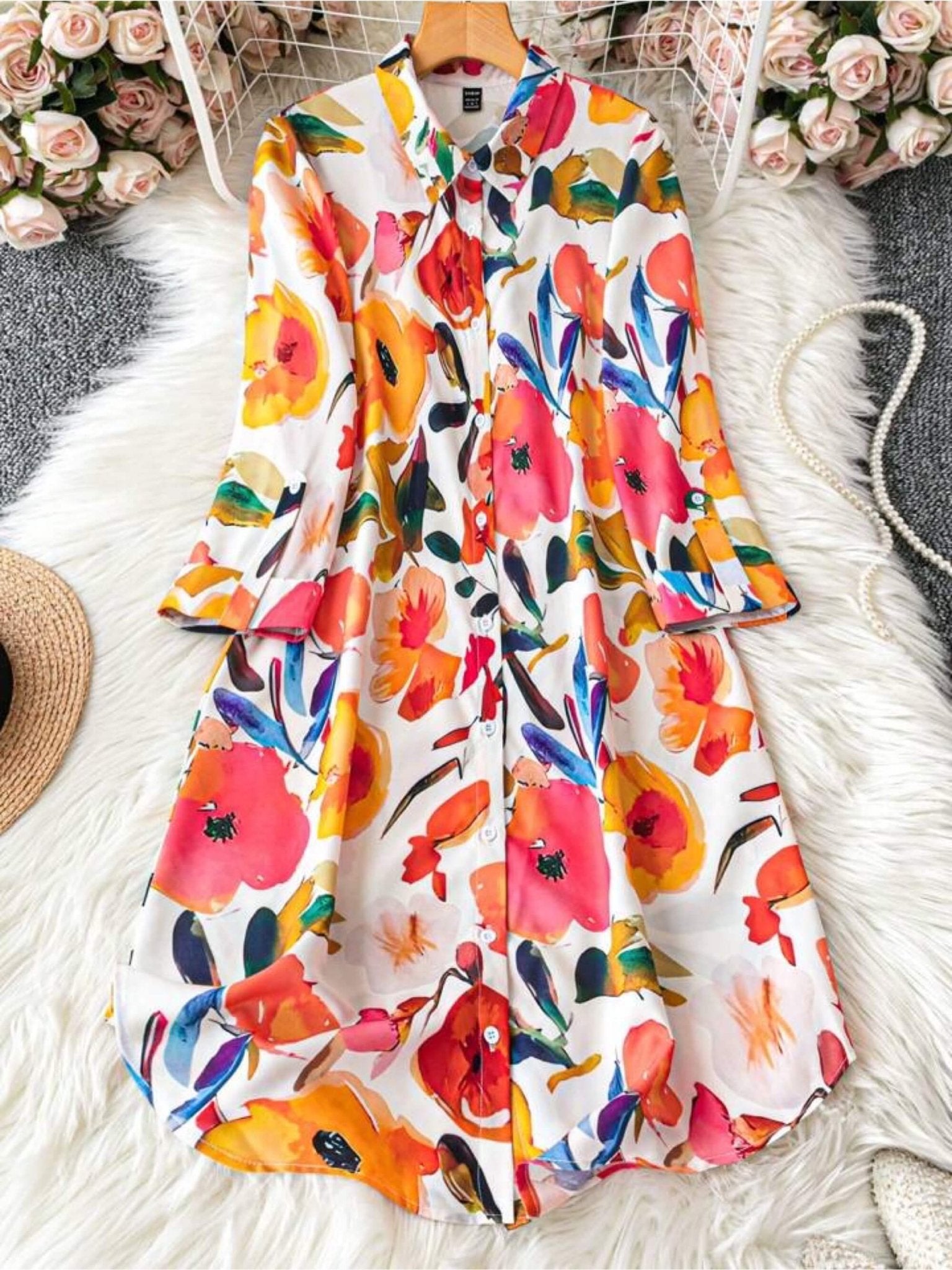 Painterly Petal Artistic Floral Shirt Dress - Bold Multi - Color Graphic Print Legacy Boutiques Legacy Boutiques