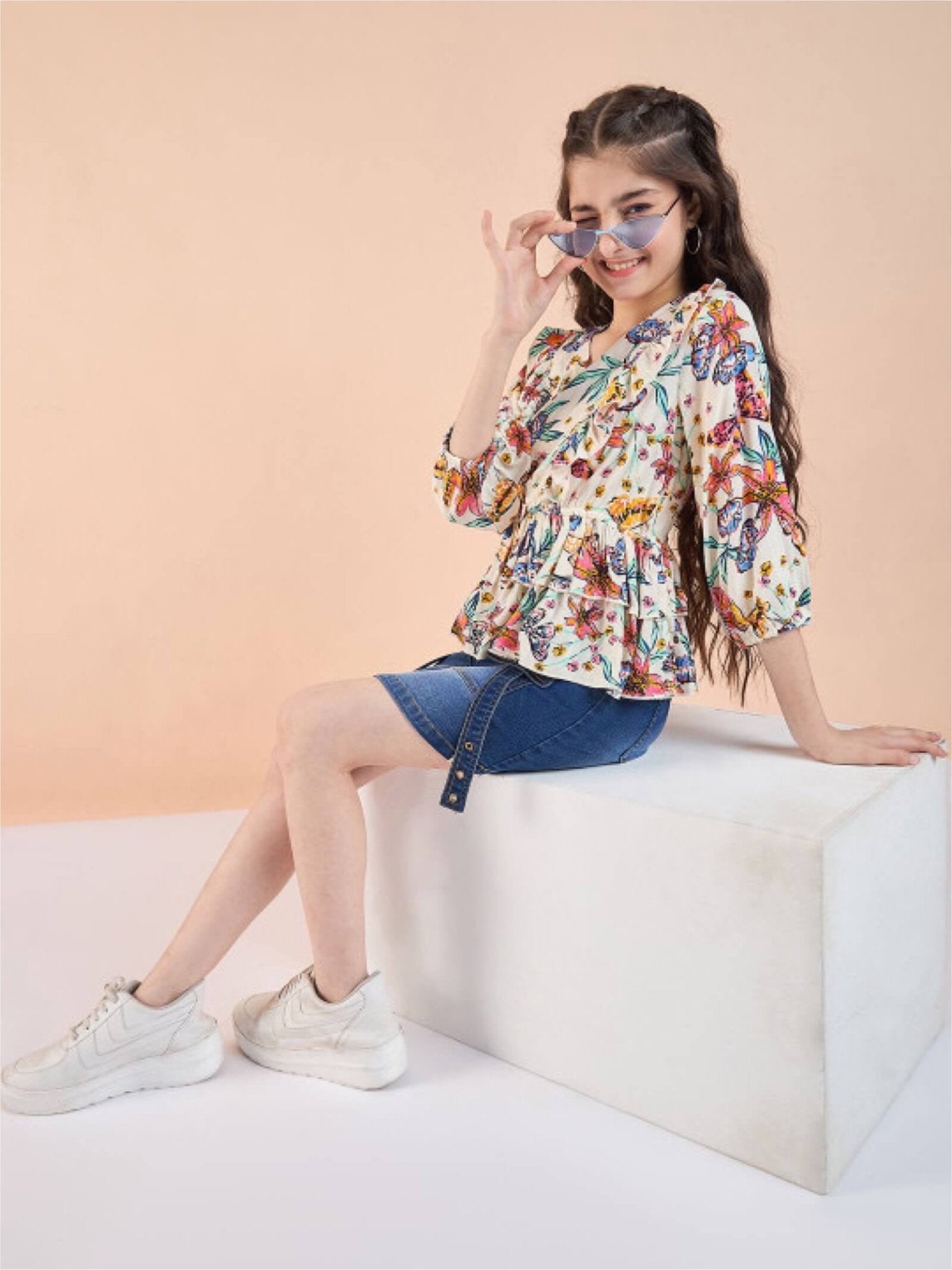 Pastel Petal Girls Cream Floral V - Neck Ruffle Peplum Top Legacy Boutiques Legacy Boutiques