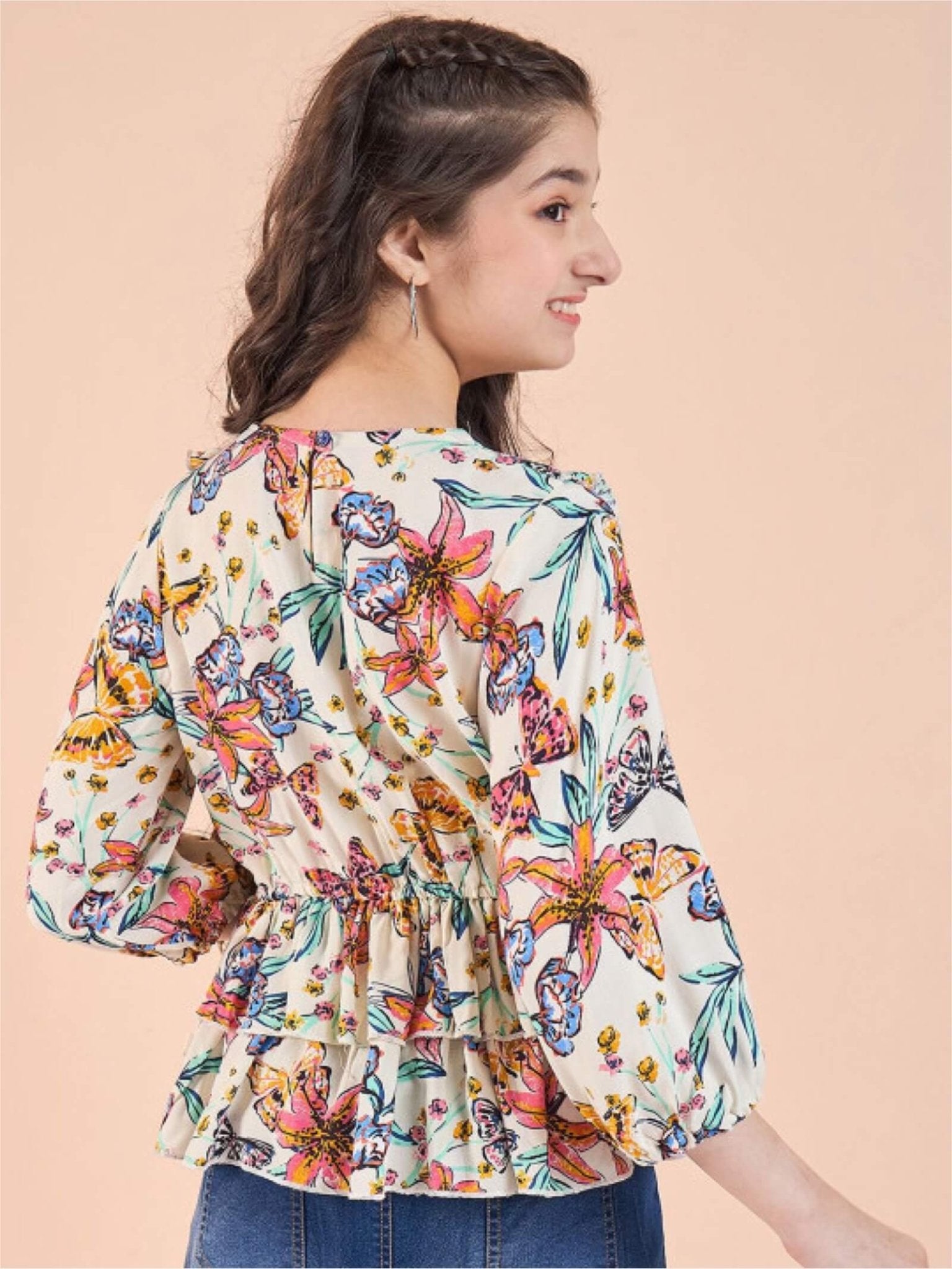 Pastel Petal Girls Cream Floral V - Neck Ruffle Peplum Top Legacy Boutiques Legacy Boutiques