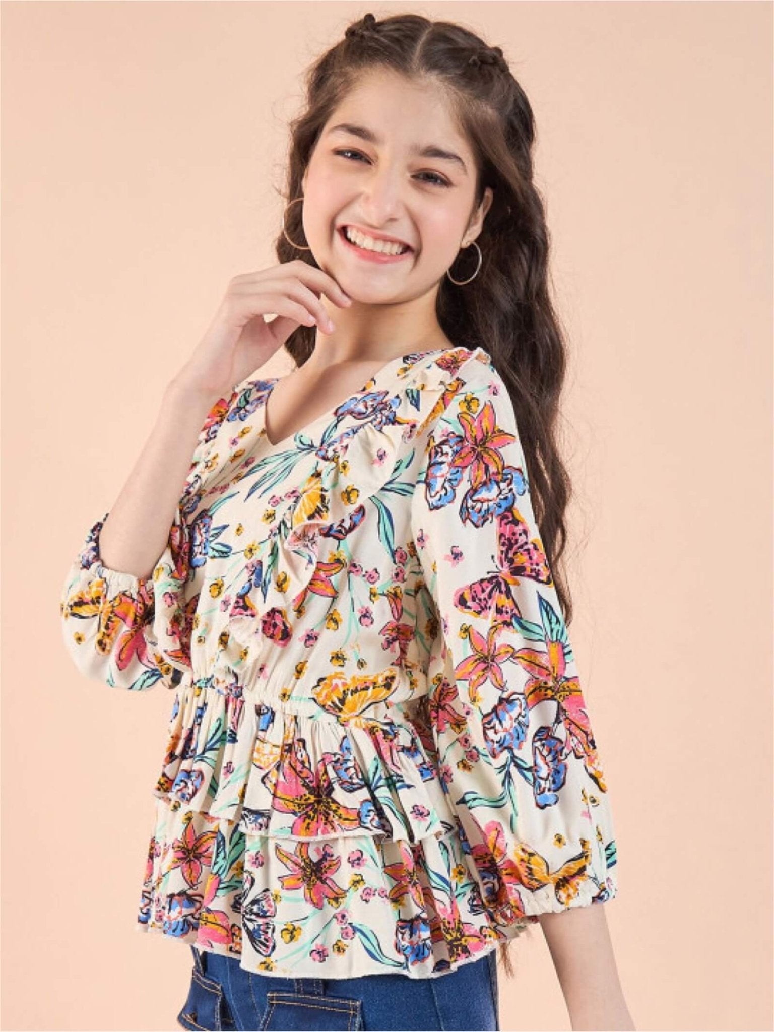 Pastel Petal Girls Cream Floral V - Neck Ruffle Peplum Top Legacy Boutiques Legacy Boutiques