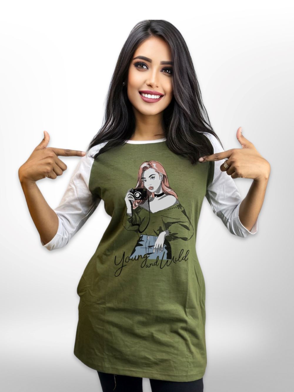 Photoshoot Printed Long T-shirt Raglan Sleeve Side Pocket For Women&