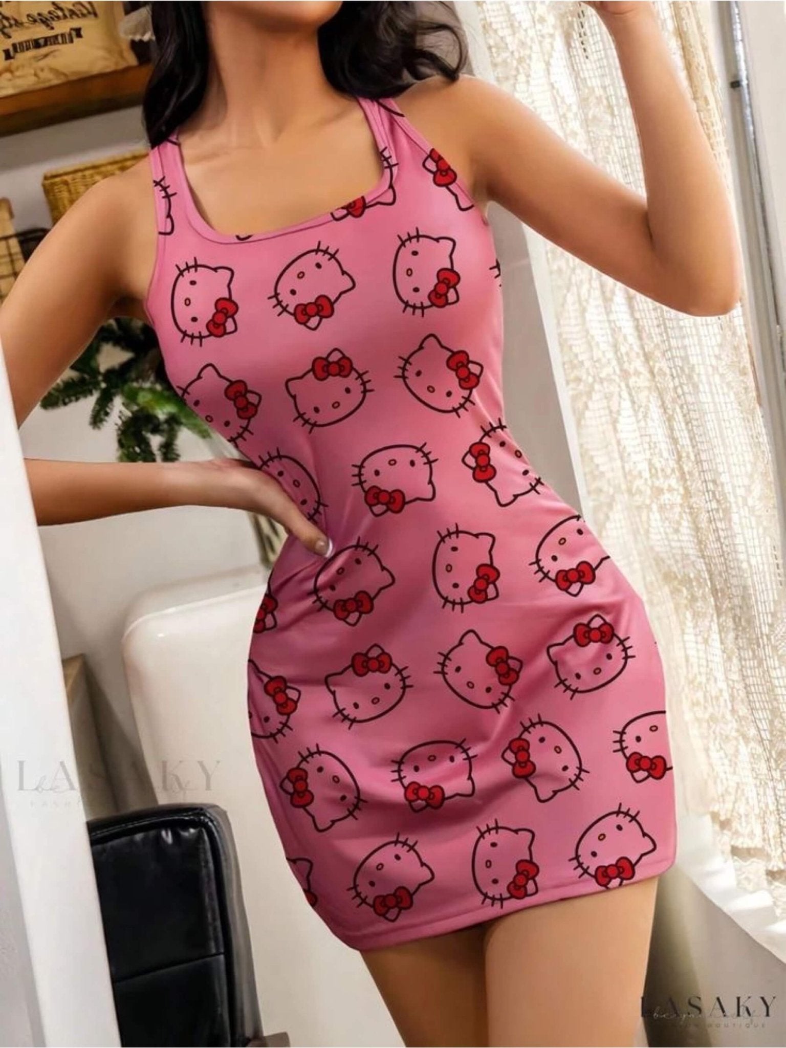 Pink Character Head Print Bodycon Tank Dress - Bow Design π Legacy Boutiques Legacy Boutiques