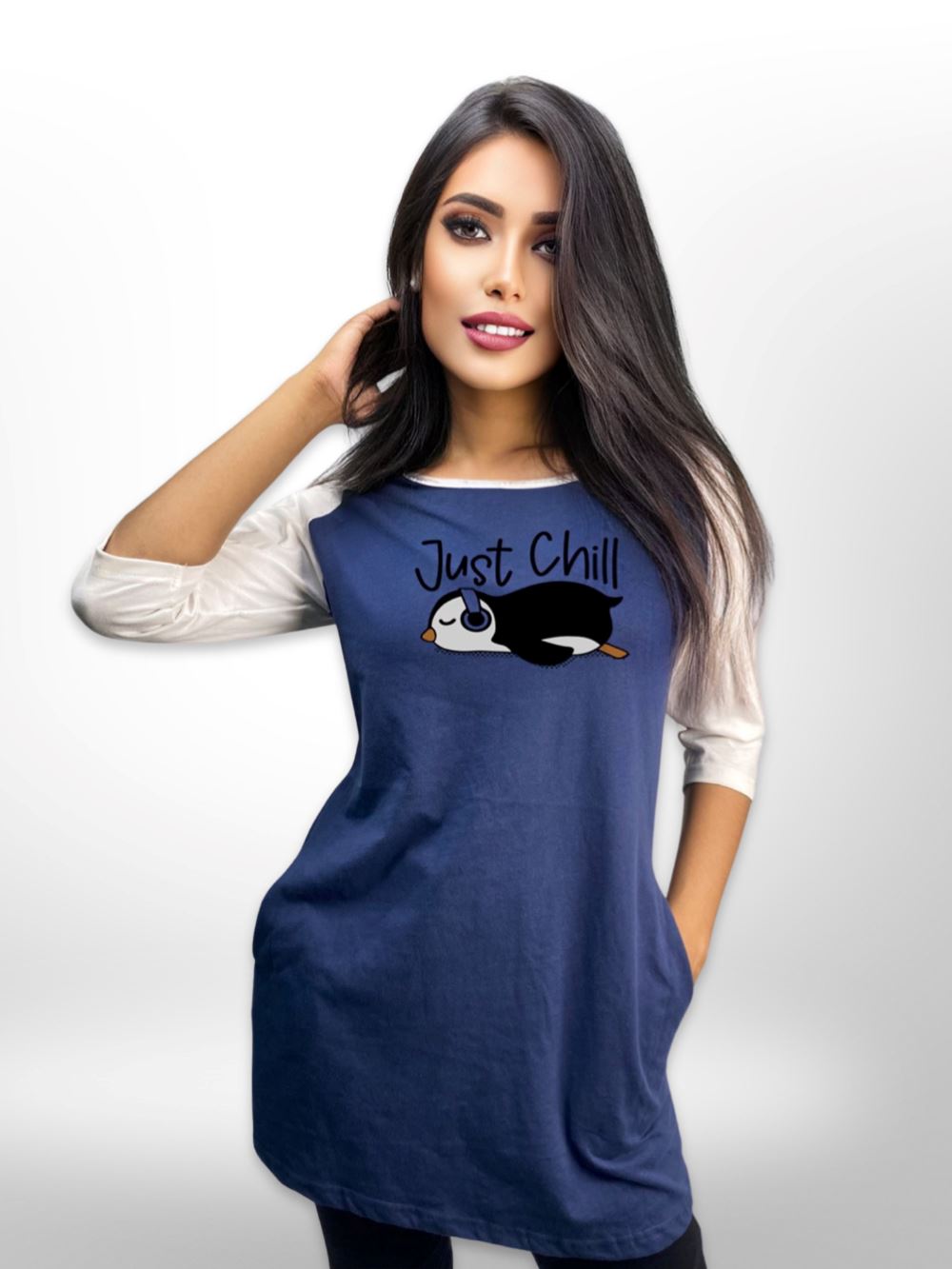 Printed Just Chill Long T-shirt Raglan Sleeve Side Pocket For Women&