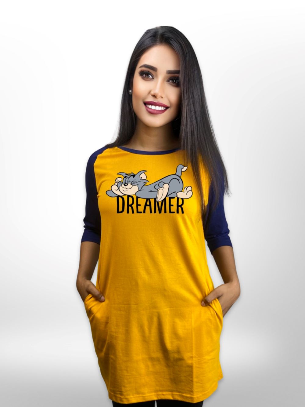 Printed Tommy Raglan Sleeve Side Pocket Long T-shirt For Women&