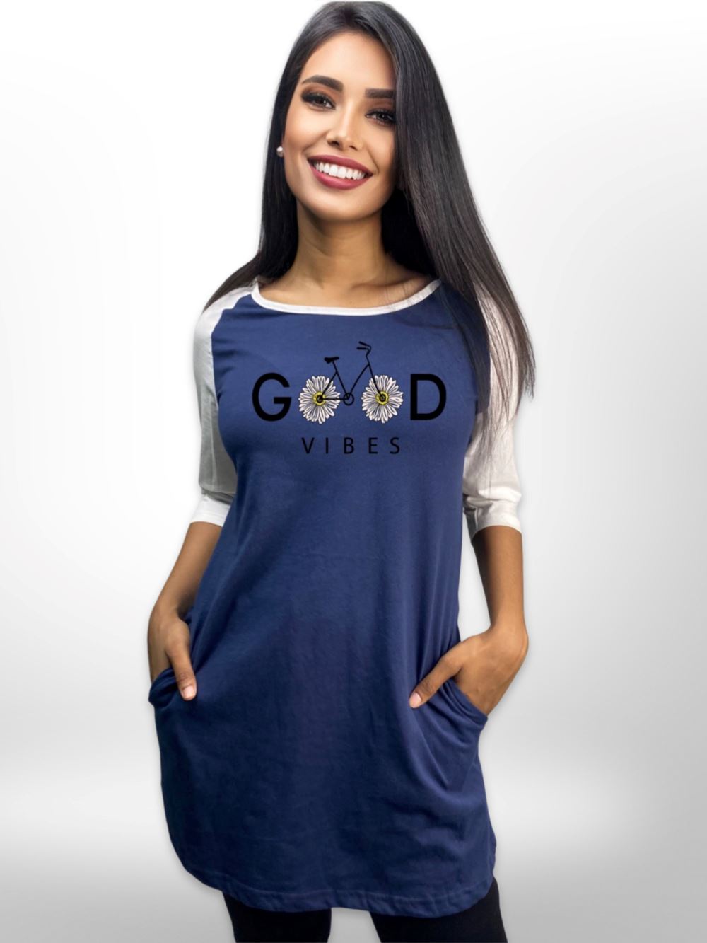 Raglan Sleeve Side Pocket Long T-shirt For Women&