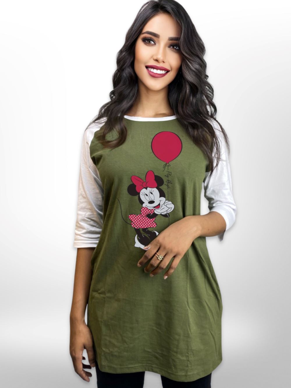 Red Balloon Printed Long T-shirt Raglan Sleeve Side Pocket For Women&