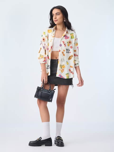 Retro Candy Print Oversized Boyfriend Shirt - 90&