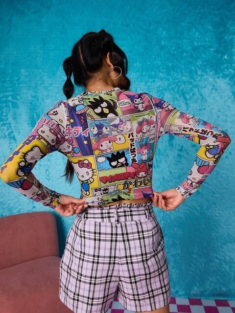 Sanrio Friends Comic Print Mesh Long Sleeve Crop Top - Hello Kitty & Kuromi Legacy Boutiques Legacy Boutiques