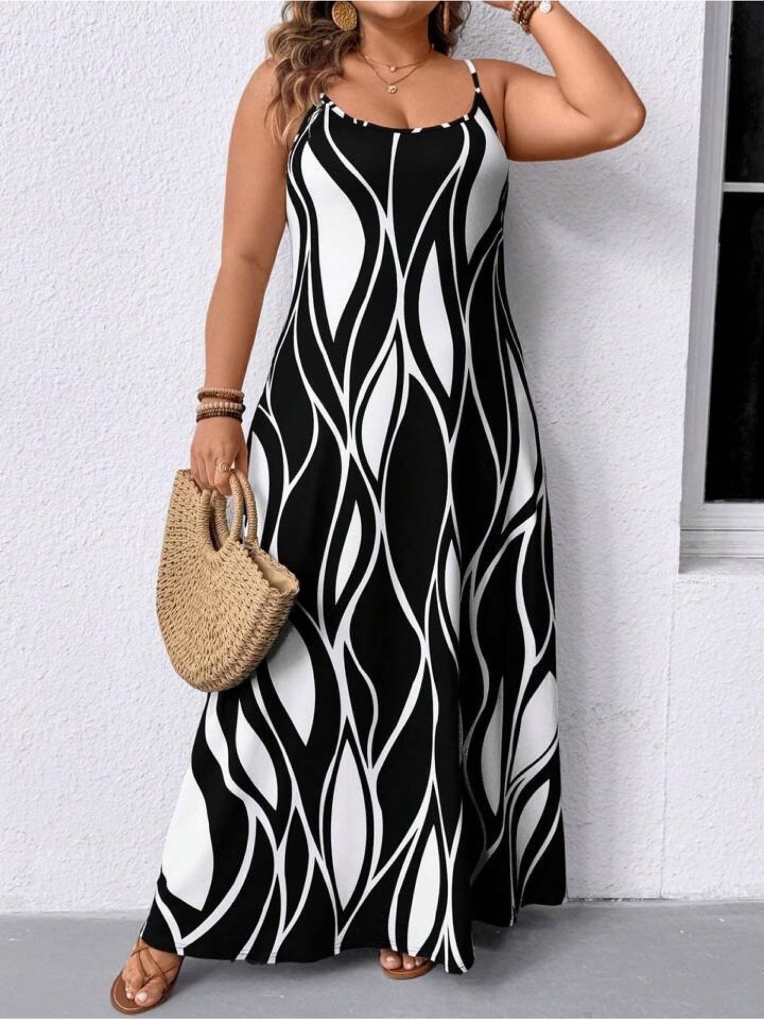 Serene Swirl Black & White Abstract Leaf Print A - Line Cami Maxi Dress Legacy Boutiques Legacy Boutiques