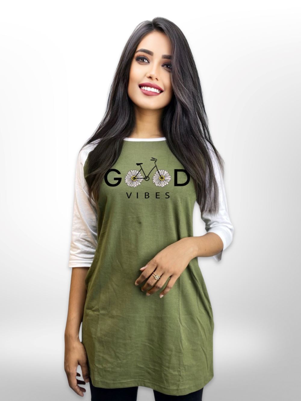 Simplicity Vibe Printed Long T-shirt Raglan Sleeve Side Pocket For Women&