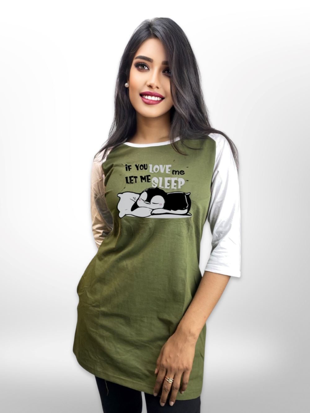 Sleeping Love Long T-shirt Raglan Sleeve Side Pocket For Women&