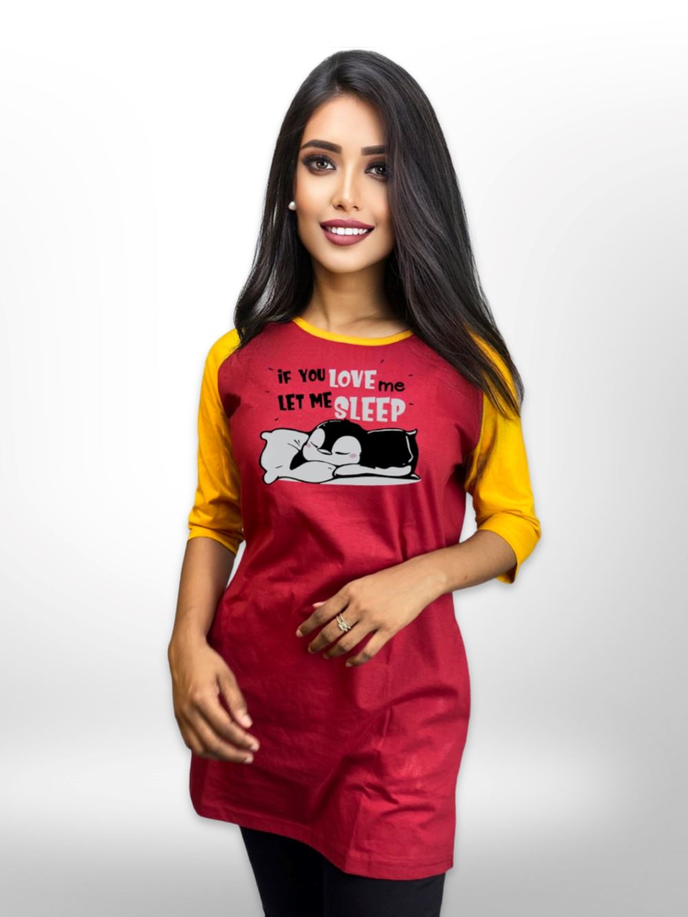 Sleepy Cat Long T-shirt Maroon Raglan Sleeve Side Pocket Legacy Boutiques Legacy Boutiques