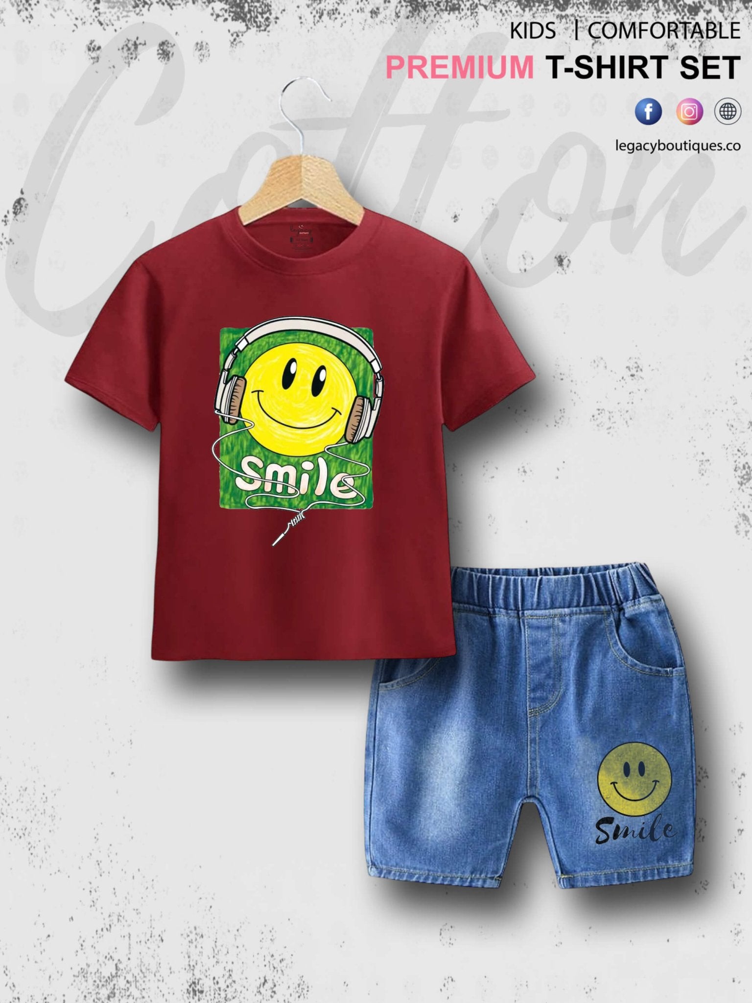 Smile Emoji Print Summer Time Tshirt Set For Baby Boys & Girls T-Shirt and Denim Pant Legacy Boutiques Legacy Boutiques