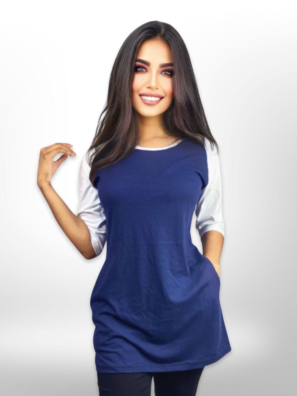 Solid Long T-shirt Raglan Sleeve Side Pocket For Women&