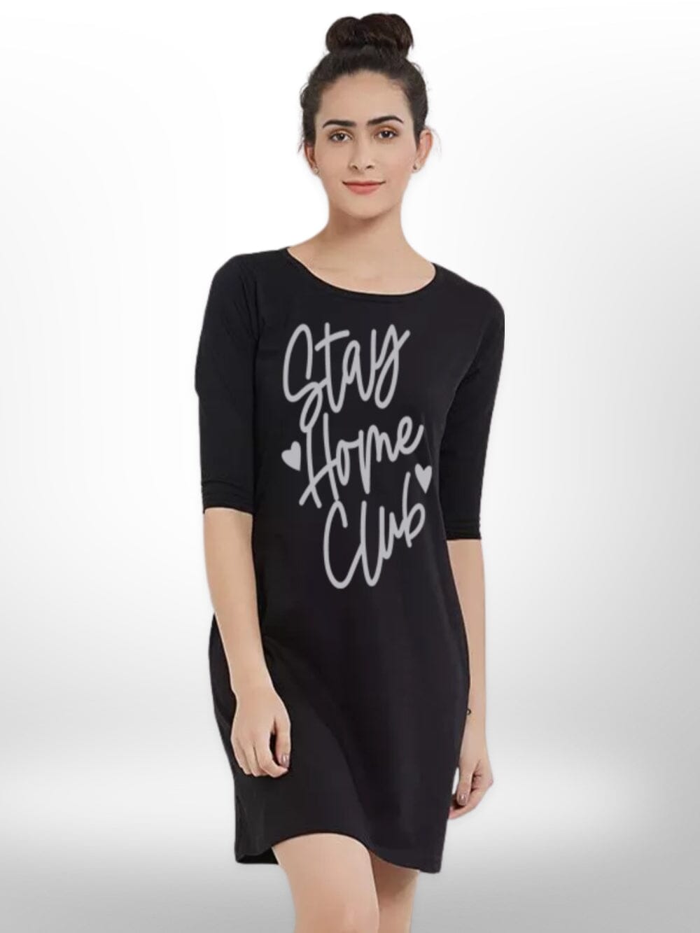 STAY HOME CLUB PRINTED THREE QUARTER SLEEVE T - SHIRT SIDE POCKET FOR WOMEN&