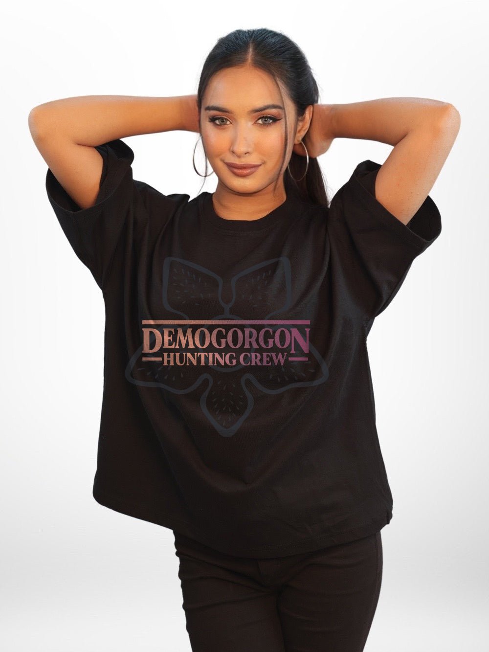 STRANGER THINGS: DEMOGORGON HUNTING CREW Graphic Printed Womens Drop Shoulder T-shirt Legacy Boutiques Dhaka Legacy Boutiques Legacy Boutiques
