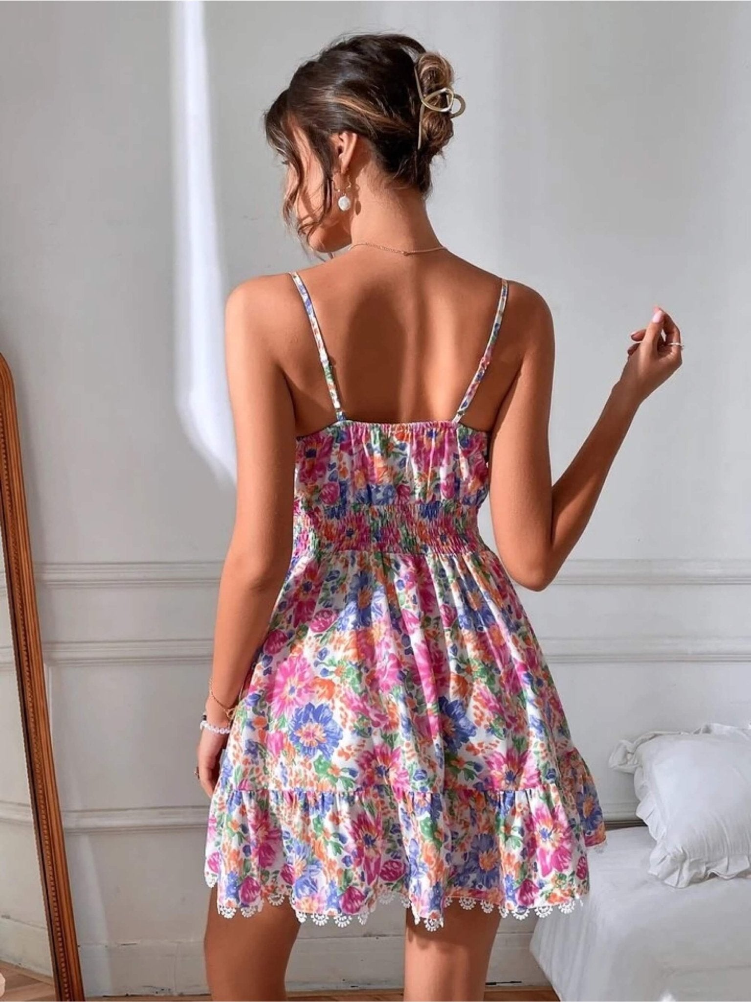 Sunset Floral Smocked Waist Sun Dress - Crochet Lace Detail 🌿 Legacy Boutiques Legacy Boutiques