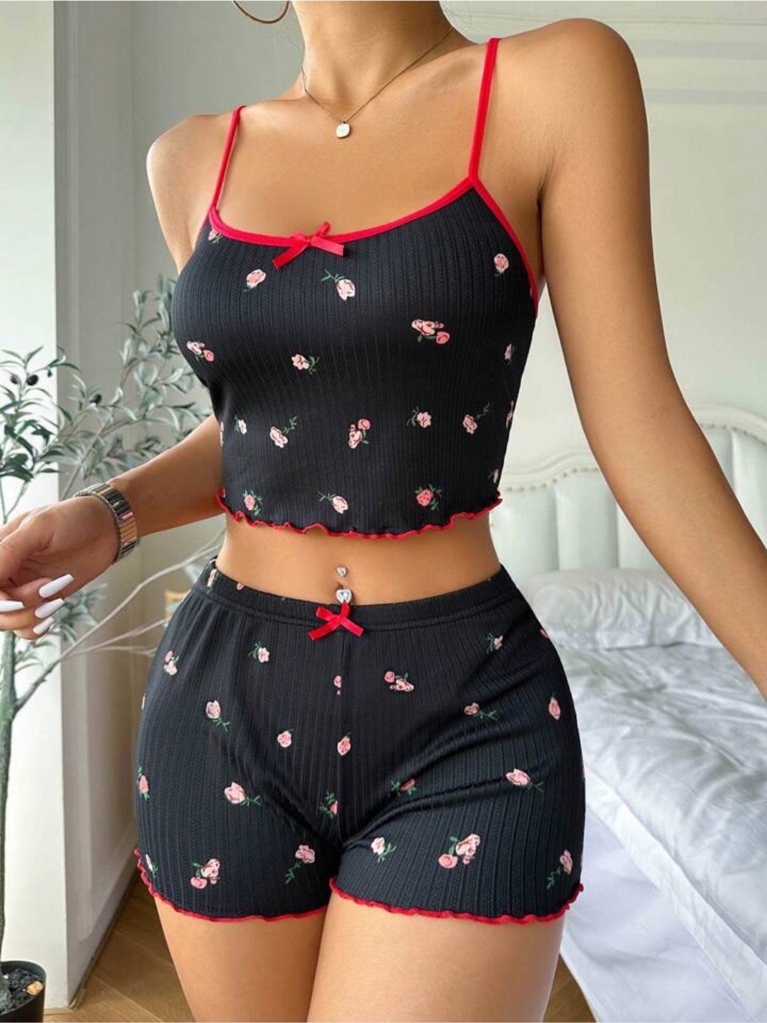 Temu Striped & Floral Print Crew Neck Bow Decor Lettuce Trim Sleepwear Pajama Women&