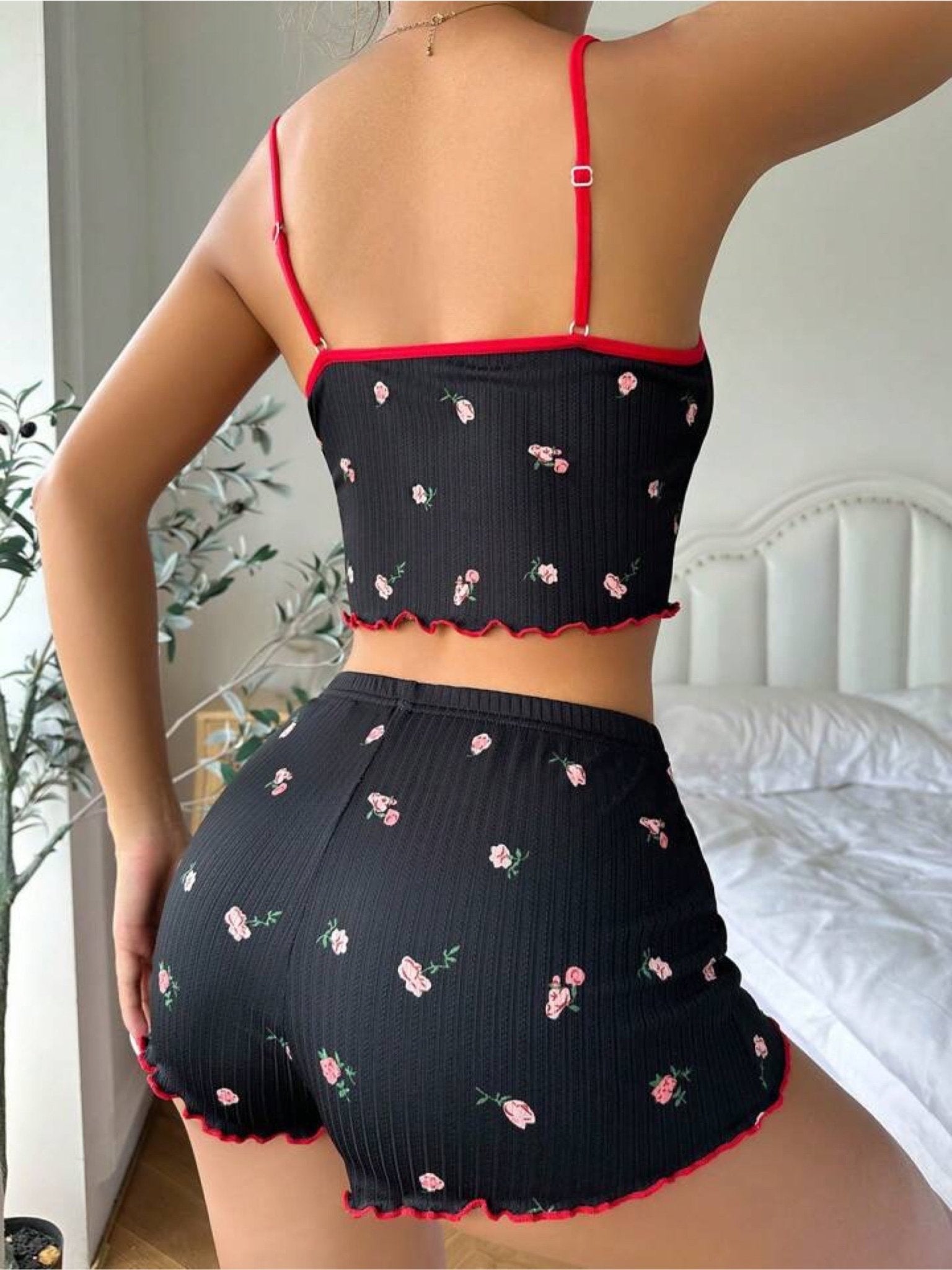 Temu Striped & Floral Print Crew Neck Bow Decor Lettuce Trim Sleepwear Pajama Women&