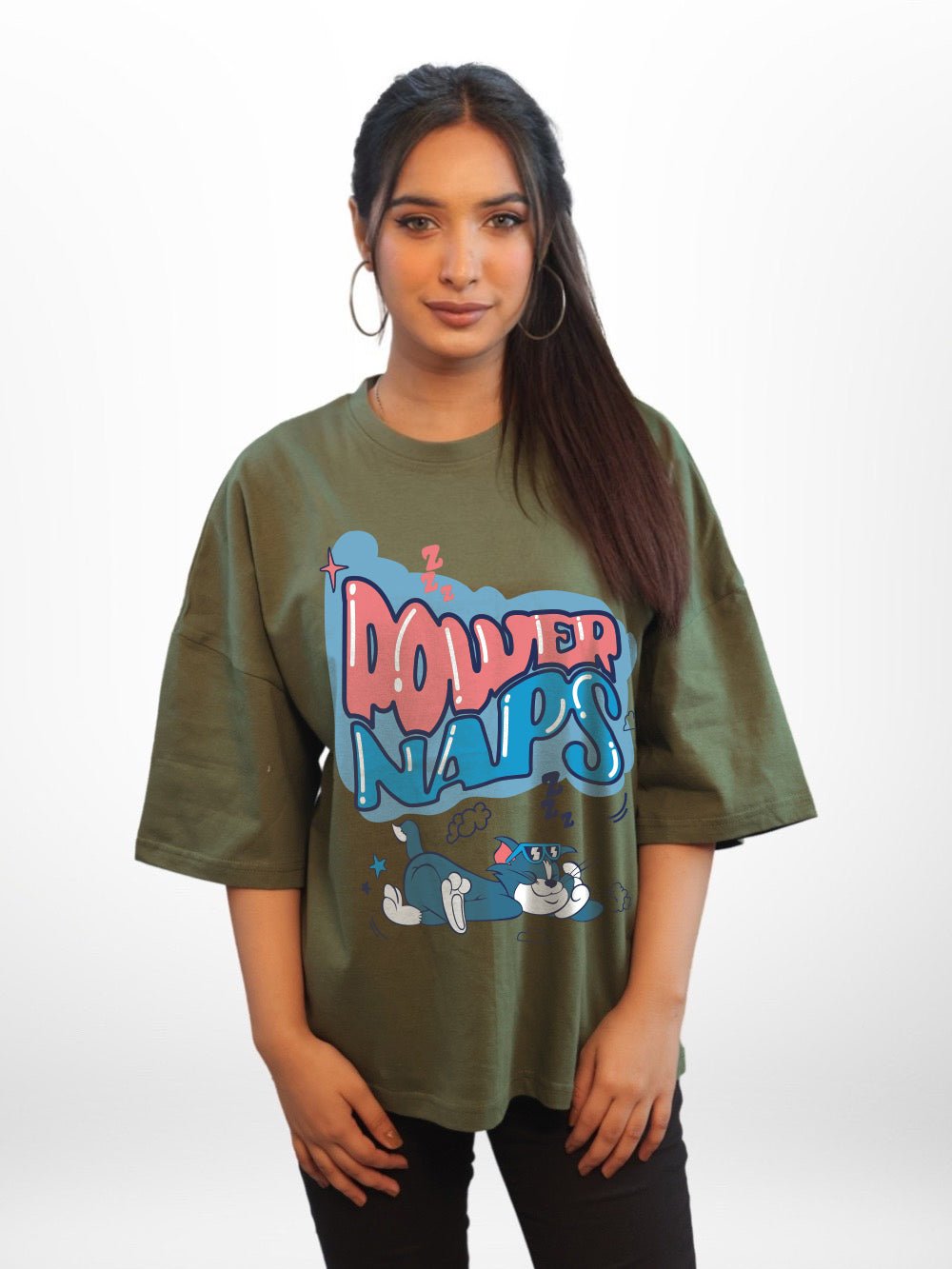 Tom & Jerry: POWER NAPS Graphic Printed Womens Drop Shoulder T-shirt Legacy Boutiques Bangladesh Legacy Boutiques Legacy Boutiques