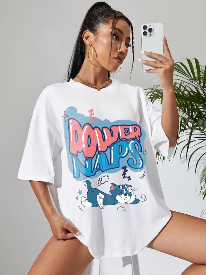 Tom & Jerry: POWER NAPS Graphic Printed Womens Drop Shoulder T-shirt Legacy Boutiques Bangladesh Legacy Boutiques Legacy Boutiques
