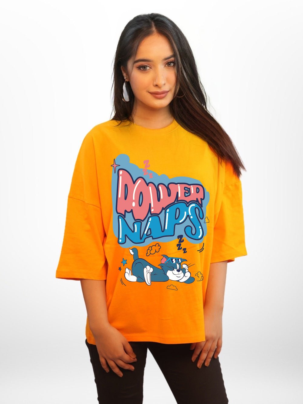 Tom & Jerry: POWER NAPS Graphic Printed Womens Drop Shoulder T-shirt Legacy Boutiques Bangladesh Legacy Boutiques Legacy Boutiques