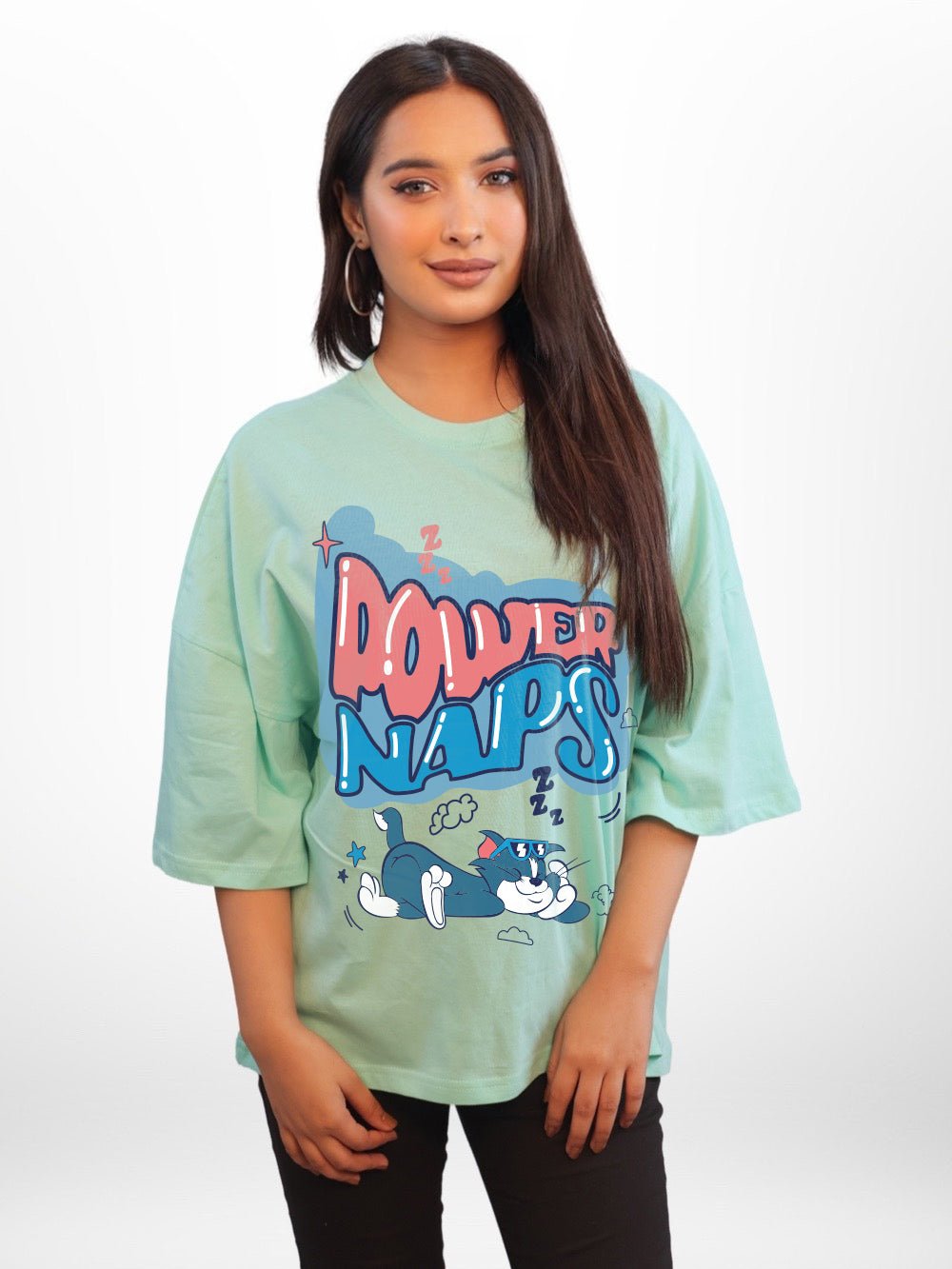 Tom & Jerry: POWER NAPS Graphic Printed Womens Drop Shoulder T-shirt Legacy Boutiques Bangladesh Legacy Boutiques Legacy Boutiques