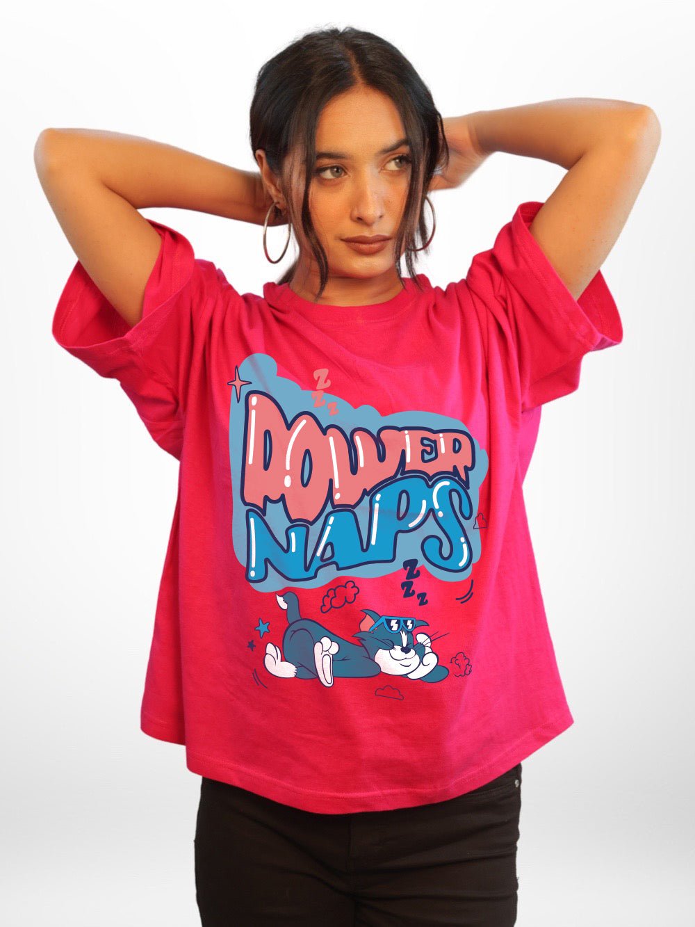 Tom & Jerry: POWER NAPS Graphic Printed Womens Drop Shoulder T-shirt Legacy Boutiques Bangladesh Legacy Boutiques Legacy Boutiques