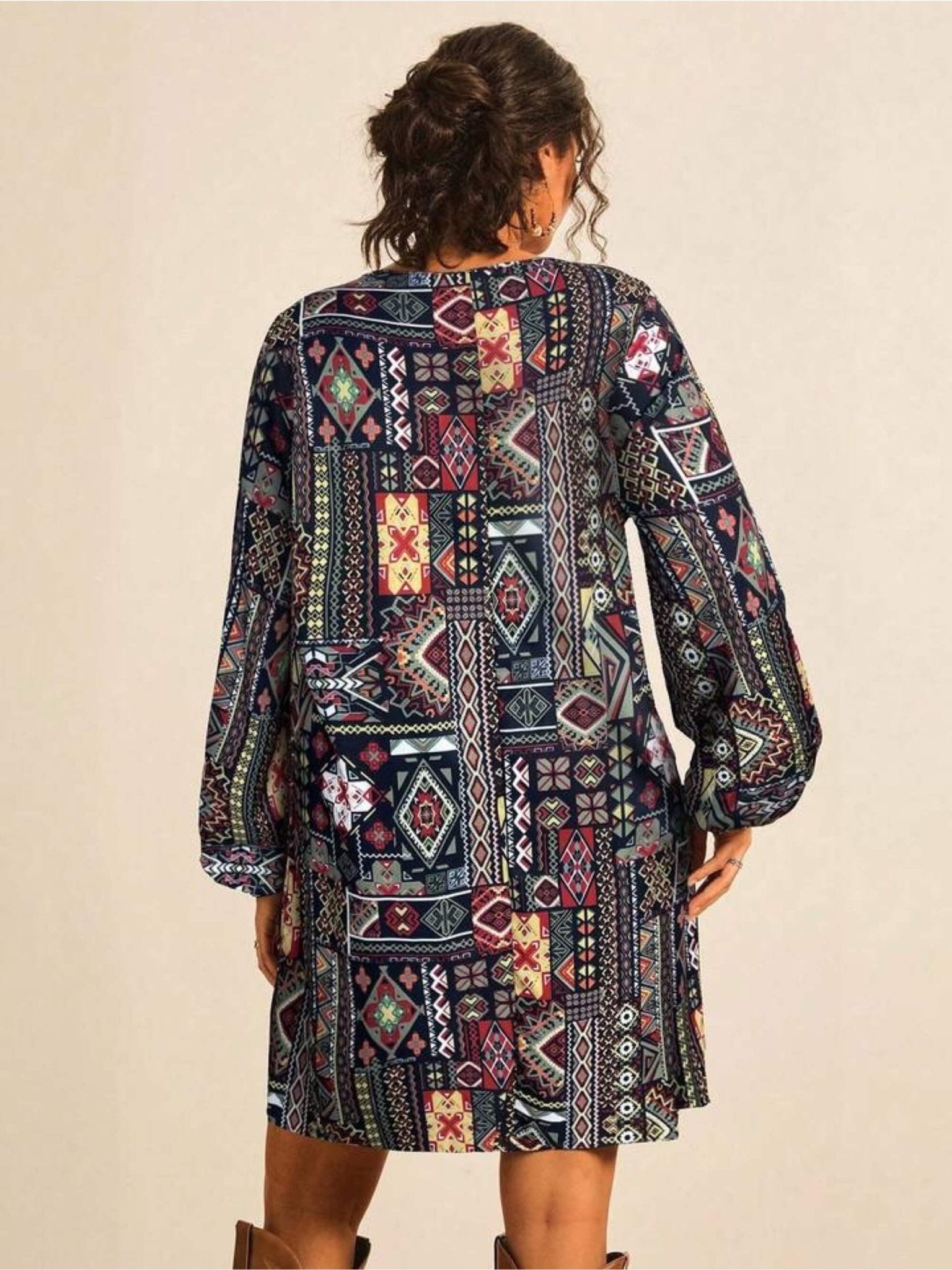 Tribal Geometric Patchwork Print Tunic Dress - Long Sleeve Boho Mini Legacy Boutiques Legacy Boutiques