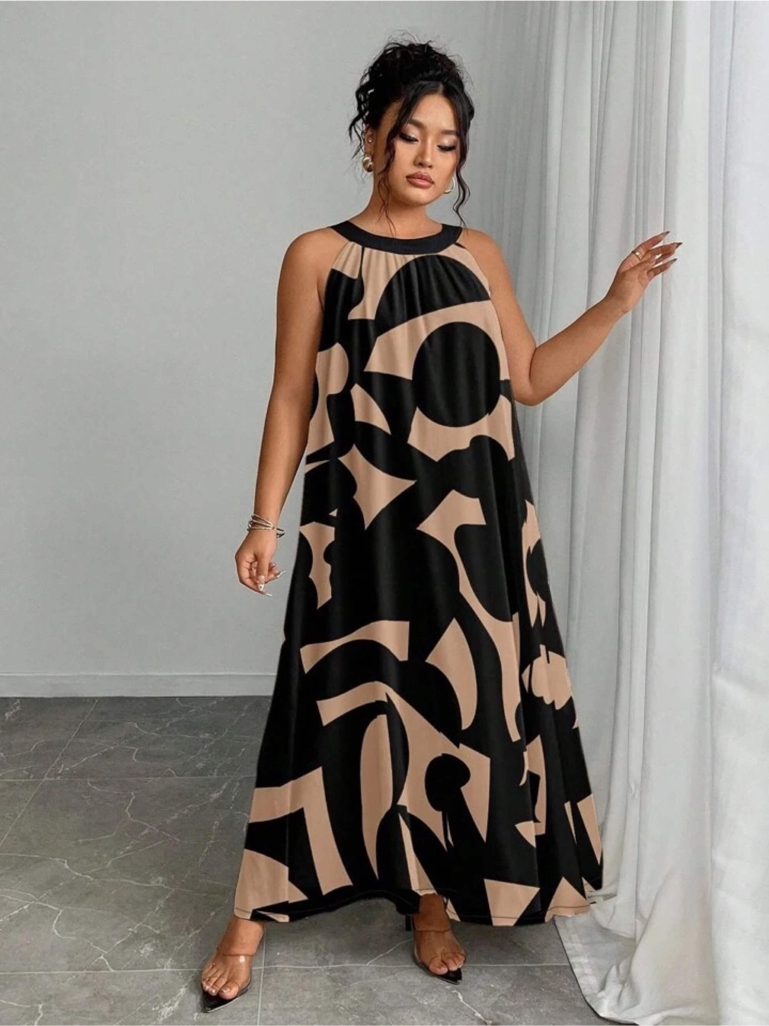 Urban Muse Black and Beige Abstract Graphic Print Halter Neck Maxi Dress Legacy Boutiques Legacy Boutiques