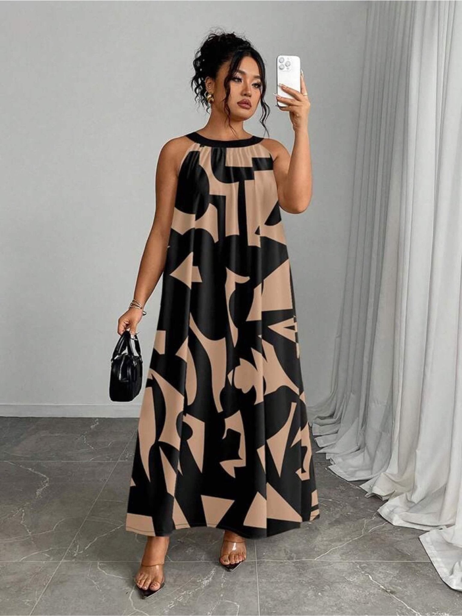 Urban Muse Black and Beige Abstract Graphic Print Halter Neck Maxi Dress Legacy Boutiques Legacy Boutiques