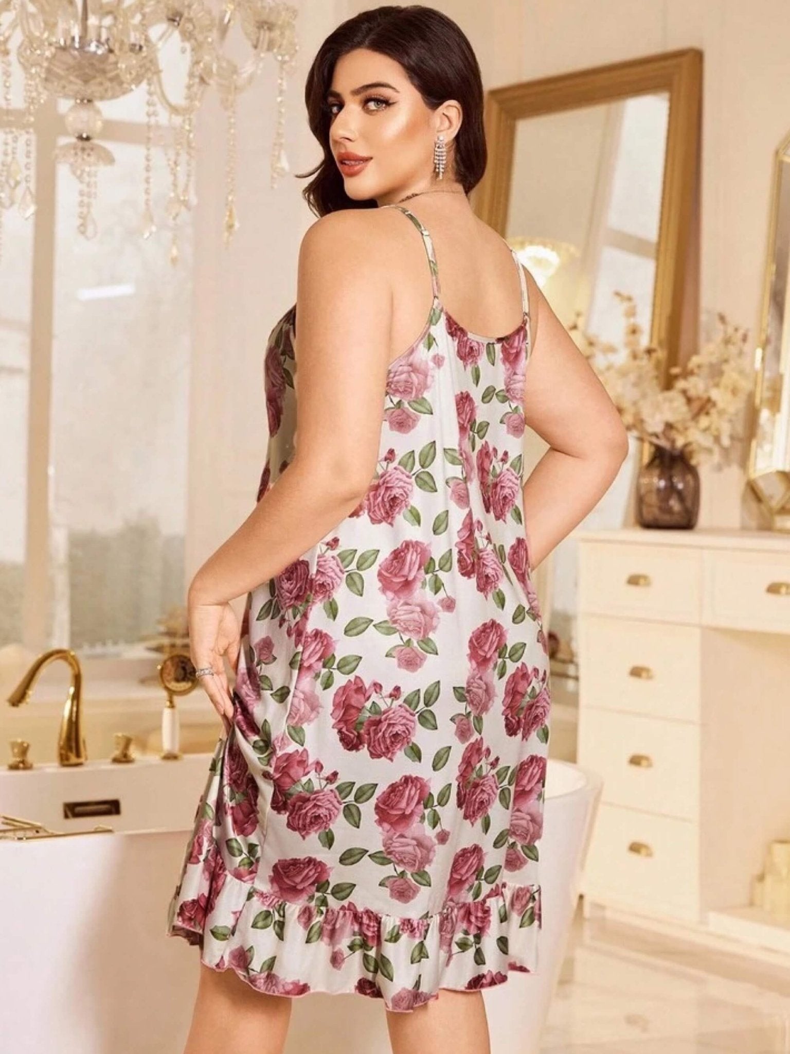 Vintage Rose Satin Nightdress - Mauve Floral Ruffle Hem Sleepwear ๐น Legacy Boutiques Legacy Boutiques