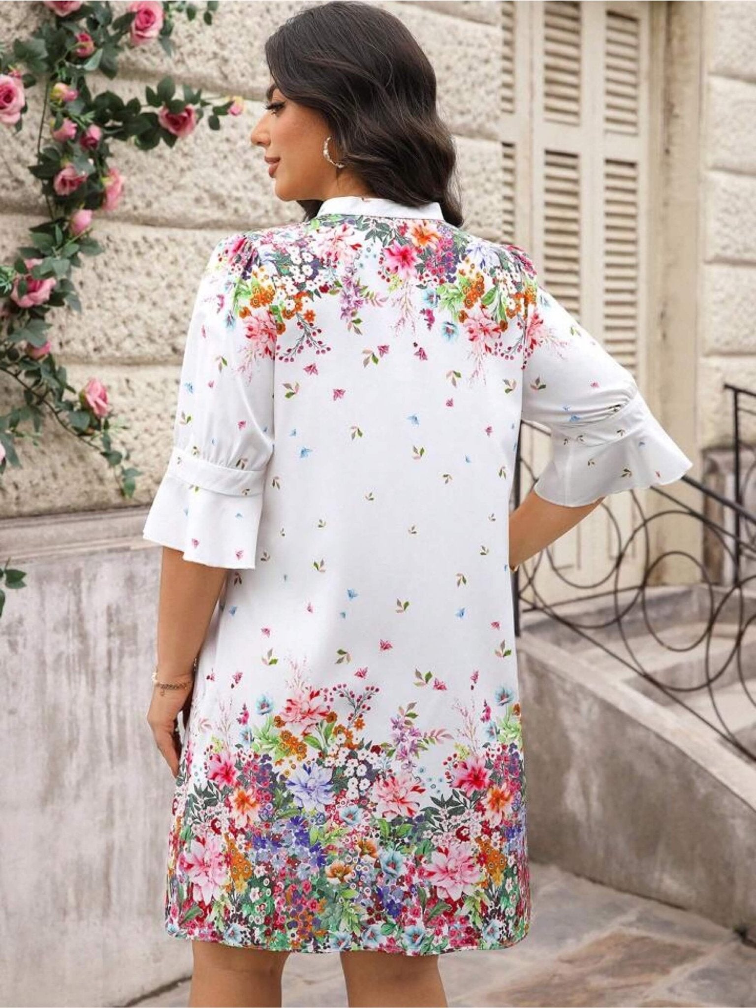 White Floral Border Print Ruffle Sleeve V - Neck Shift Dress Legacy Boutiques Legacy Boutiques