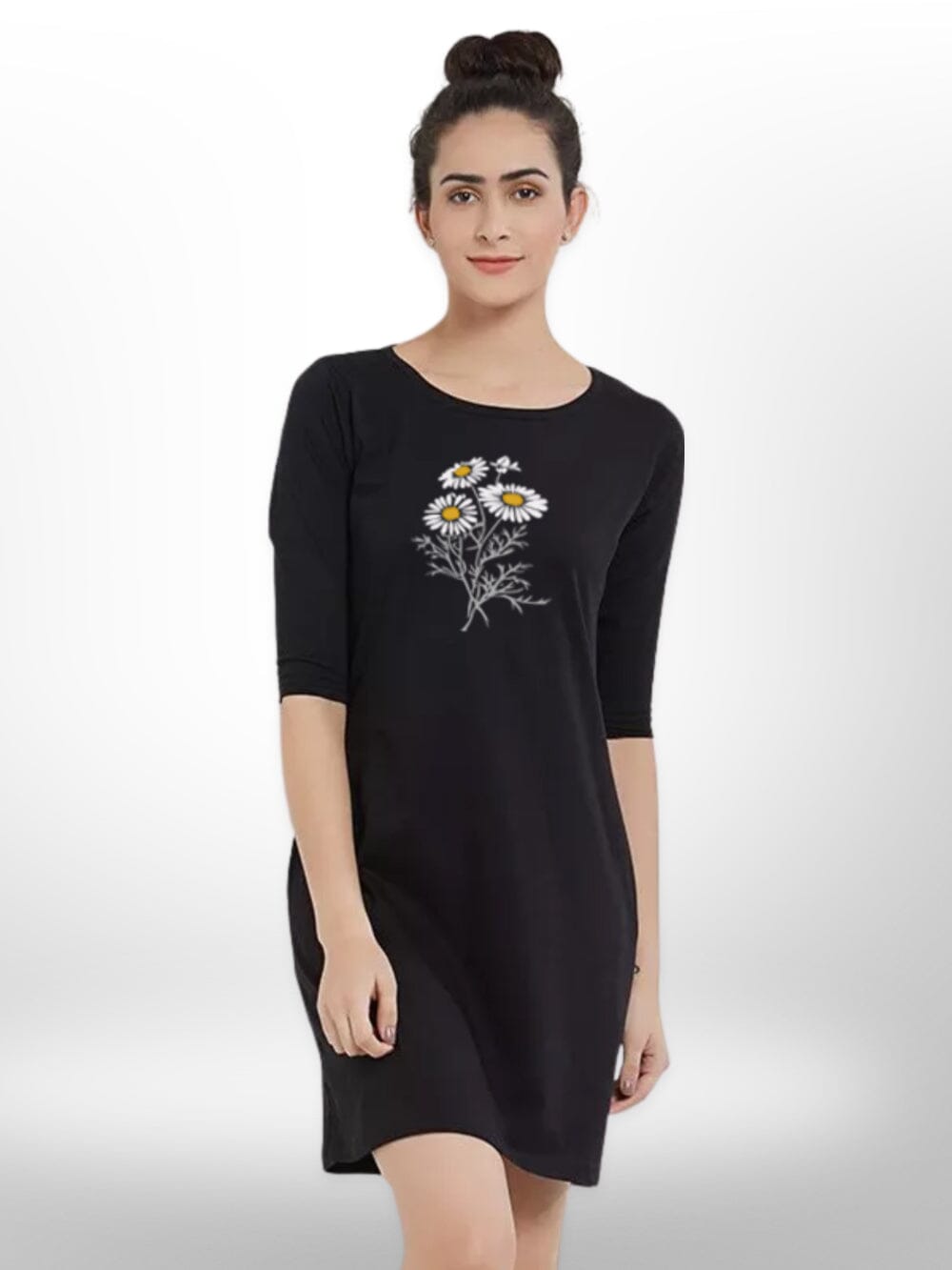 WHITE FLOWER PRINTED THREE QUARTER SLEEVE SIDE POCKET T - SHIRT FOR WOMEN&