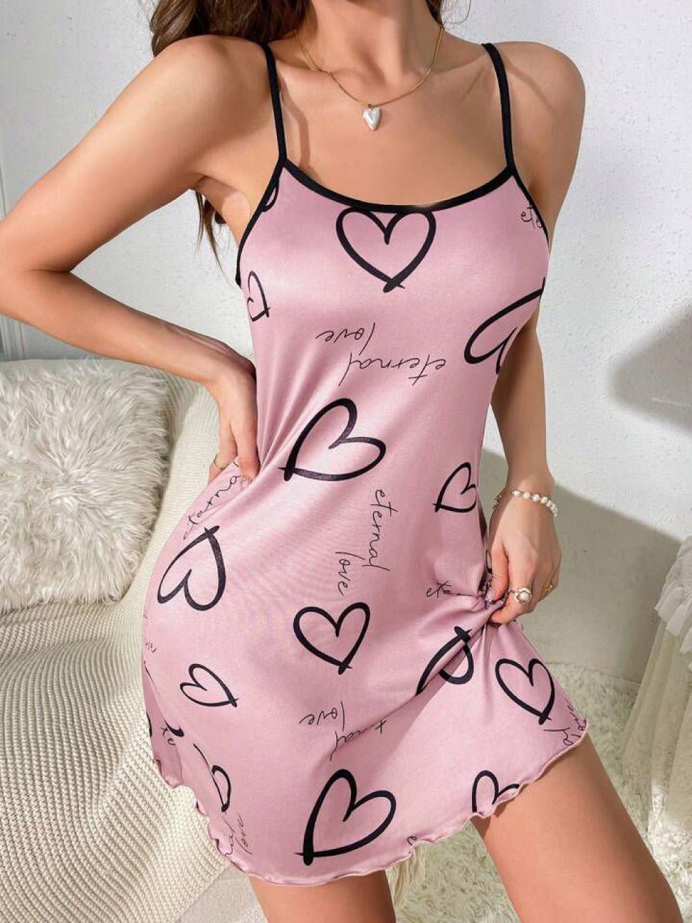 Women Sleeveless Heart & Letter Graphic Contrast Binding Cami Nightdress | Legacy Boutiques Dhaka Bangladesh Legacy Boutiques Legacy Boutiques
