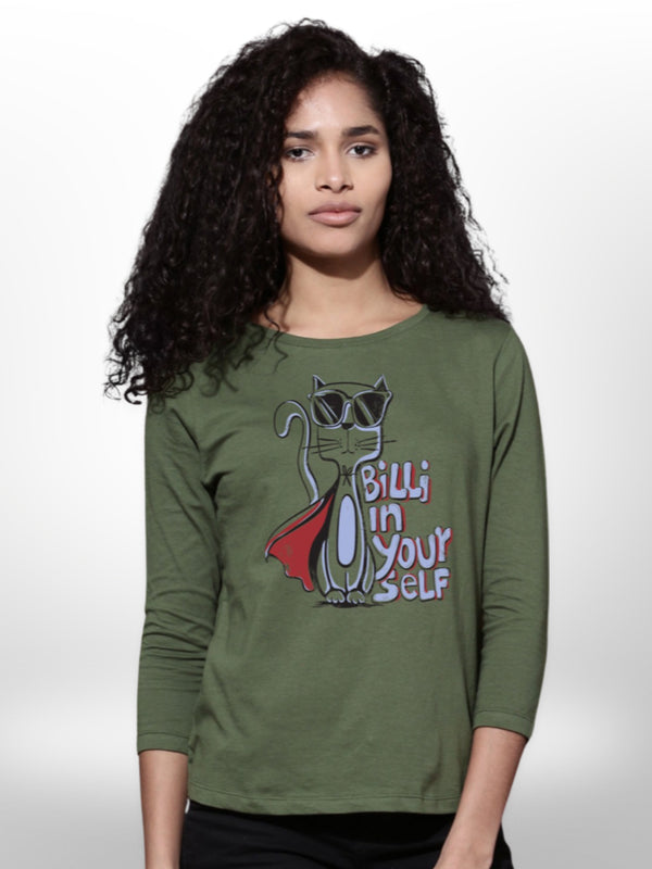 Cool Cat Printed Womens T-shirt Four Quarter Sleeve - Legacy Boutiques