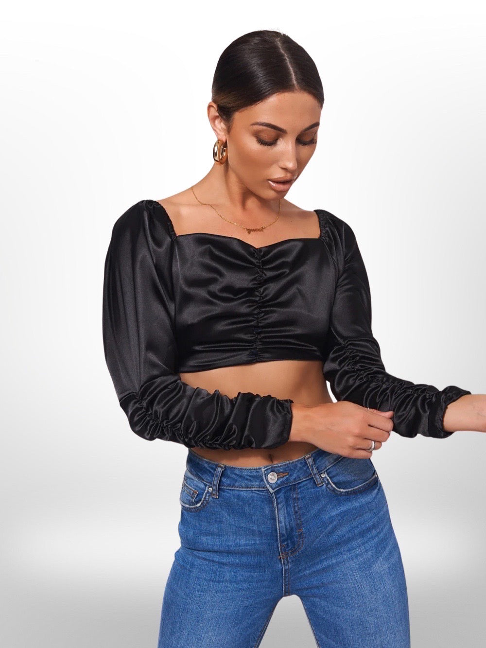 BLACK SATIN CROP TOP PADDED BLOUSE - Legacy Boutiques