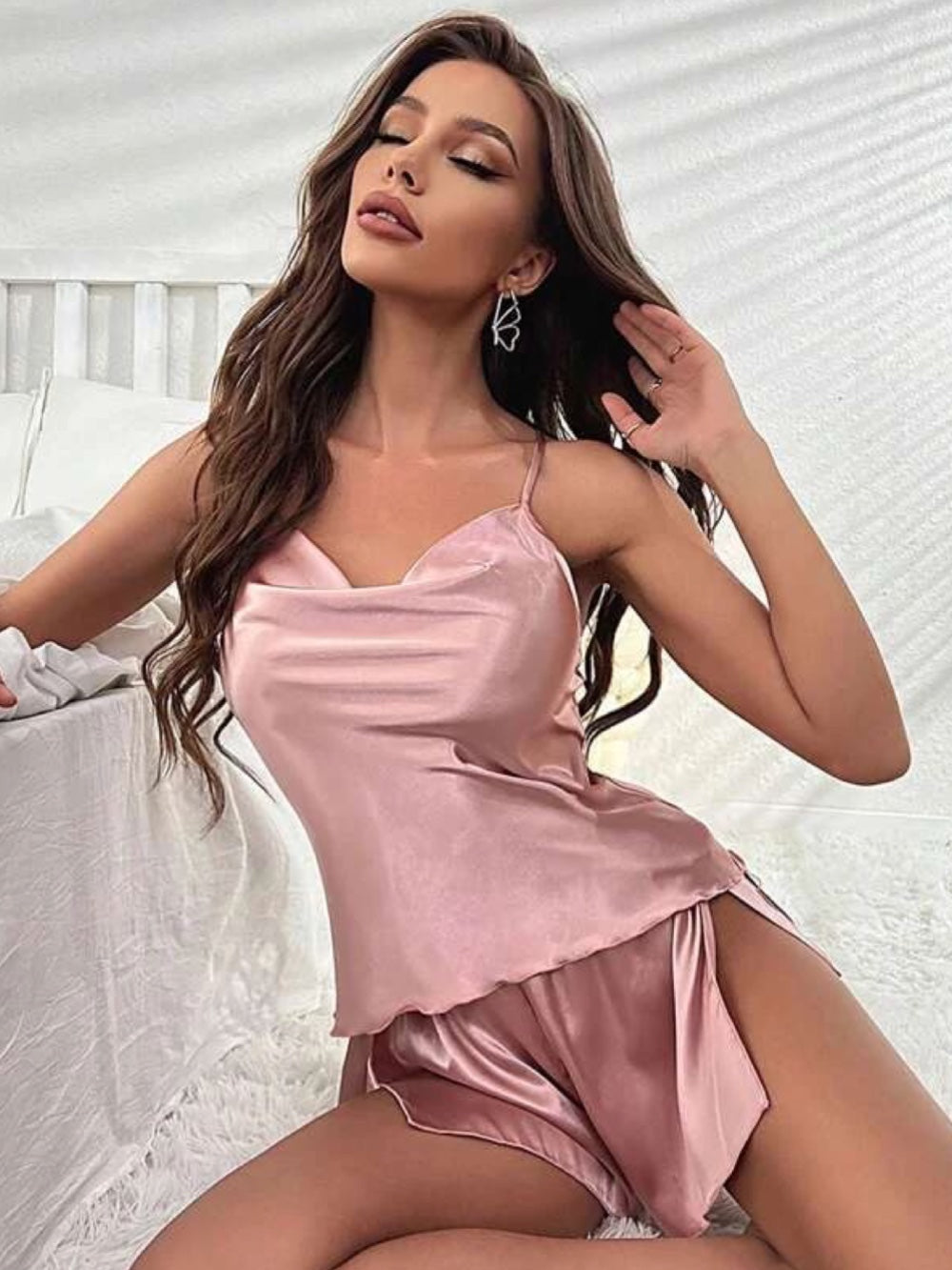 Draped Collar Knot Side Satin Cami Top &amp; Shorts Set - Legacy Boutiques