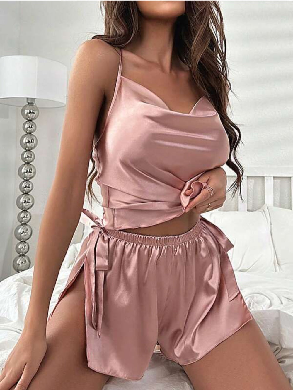 Draped Collar Knot Side Satin Cami Top &amp; Shorts Set - Legacy Boutiques