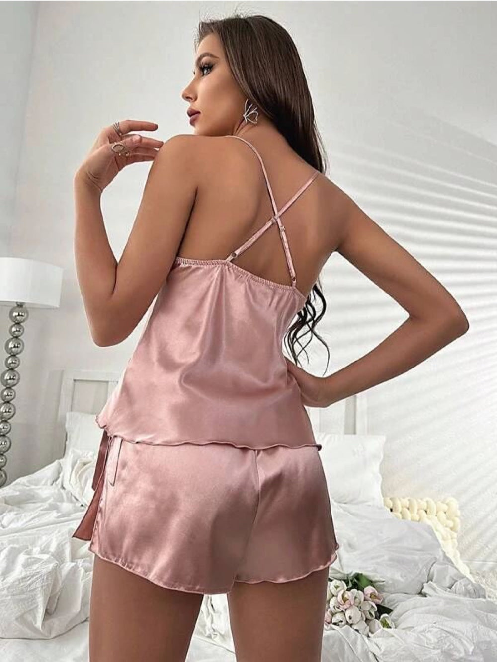 Draped Collar Knot Side Satin Cami Top &amp; Shorts Set - Legacy Boutiques