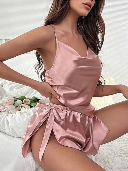 Draped Collar Knot Side Satin Cami Top &amp; Shorts Set - Legacy Boutiques