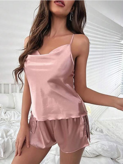 Draped Collar Knot Side Satin Cami Top &amp; Shorts Set - Legacy Boutiques