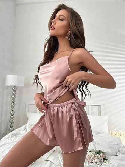 Draped Collar Knot Side Satin Cami Top &amp; Shorts Set - Legacy Boutiques