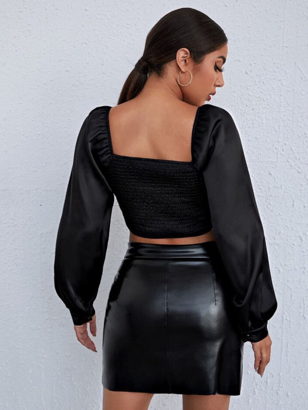 Women's Ruched Shirred Lantern Long Sleeve Square Neck Blouse Crop Satin Top Black Small - Legacy Boutiques